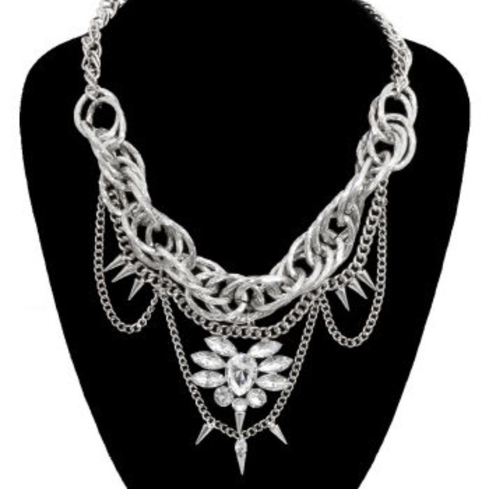 Silver Chain Drop with Stone Necklace and Earrings